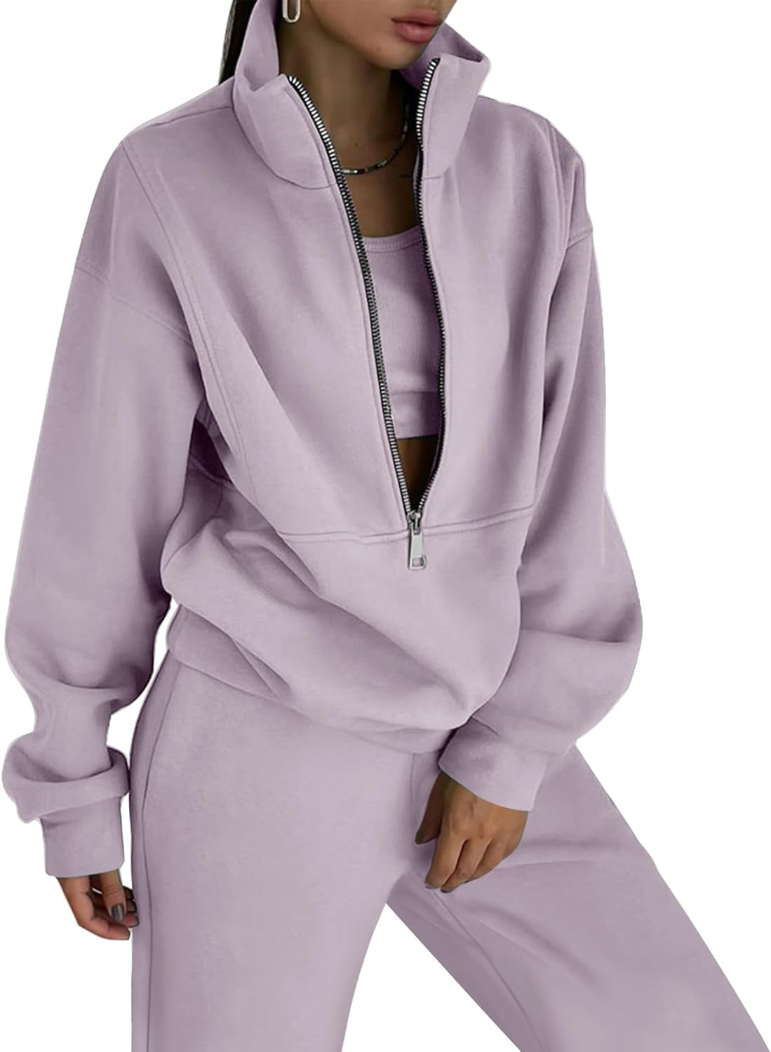 Women'S Fleece Two Piece Tracksuit: Half Zip Sweatshirt & Jogger Pant Set