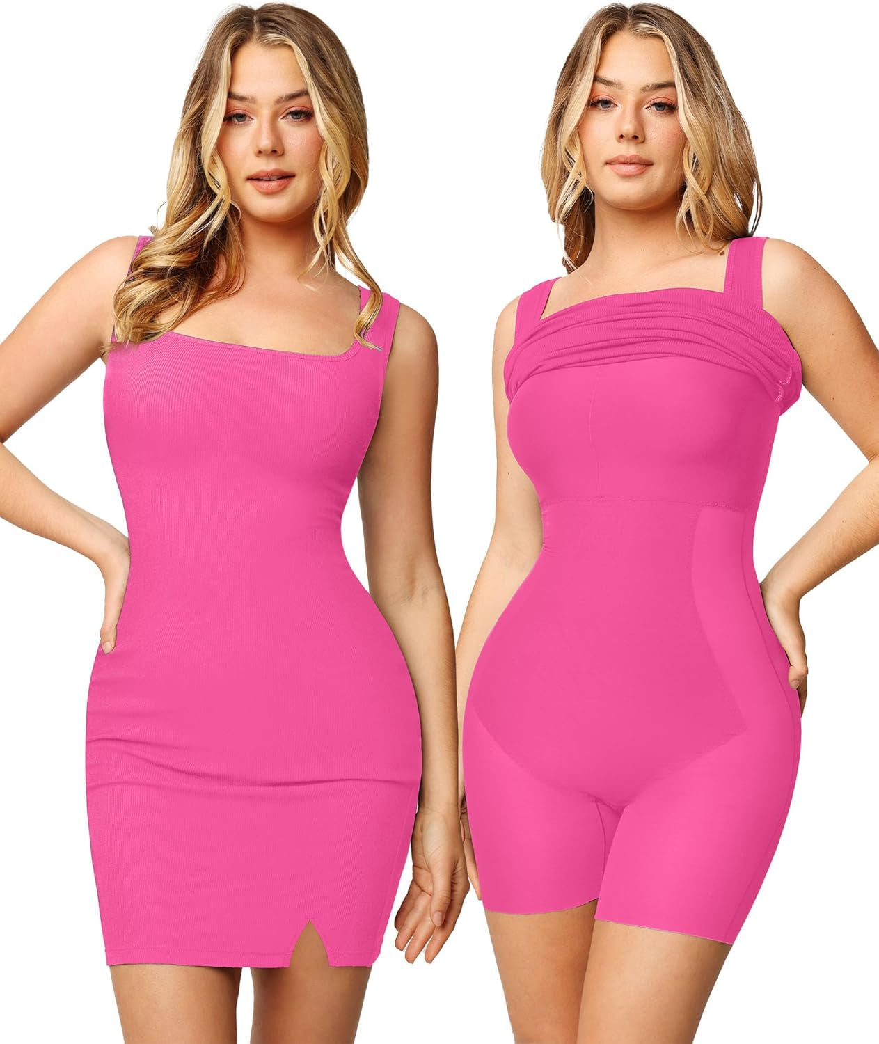 Shapewear Dress Mini Slit Built in Shapewear Bra 8 in 1 Square Neck Bodycon Summer Dress for Women 2024