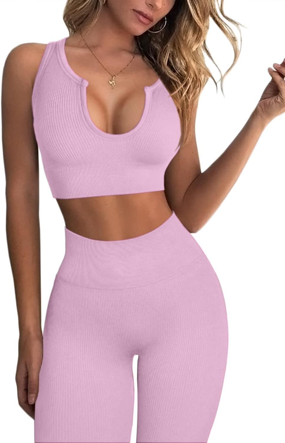 Workout Outfits 2 Piece Ribbed Seamless Crop Tank High Waist Yoga Leggings 