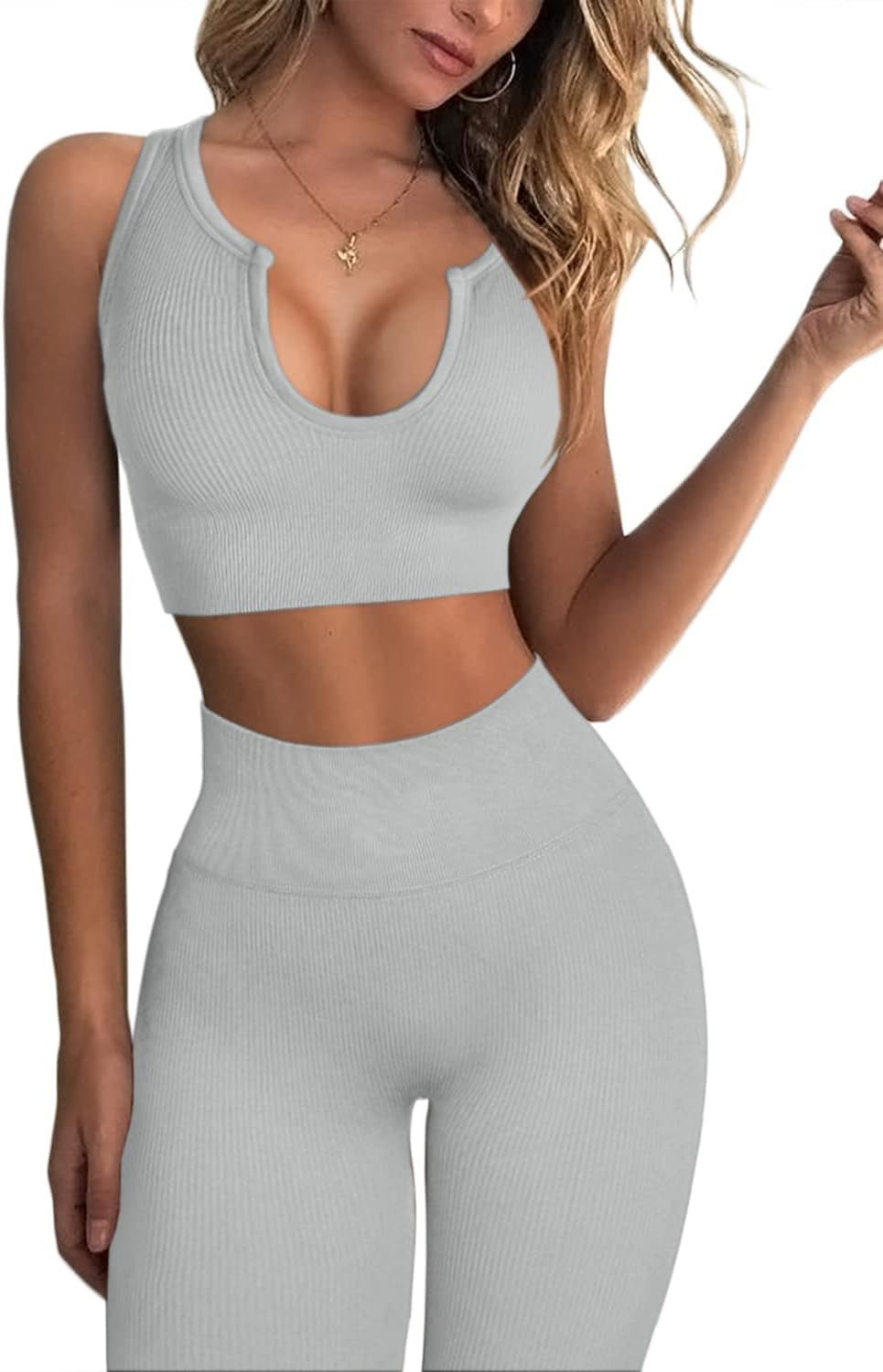 Workout Outfits 2 Piece Ribbed Seamless Crop Tank High Waist Yoga Leggings 