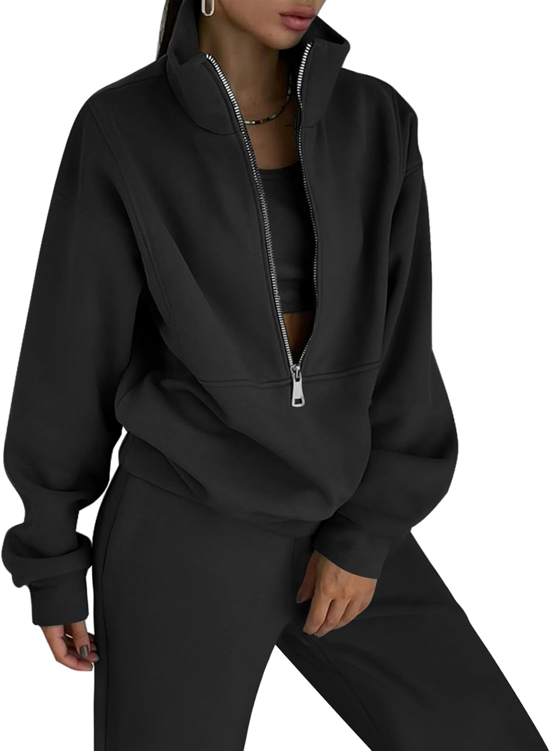 Women'S Fleece Two Piece Tracksuit: Half Zip Sweatshirt & Jogger Pant Set