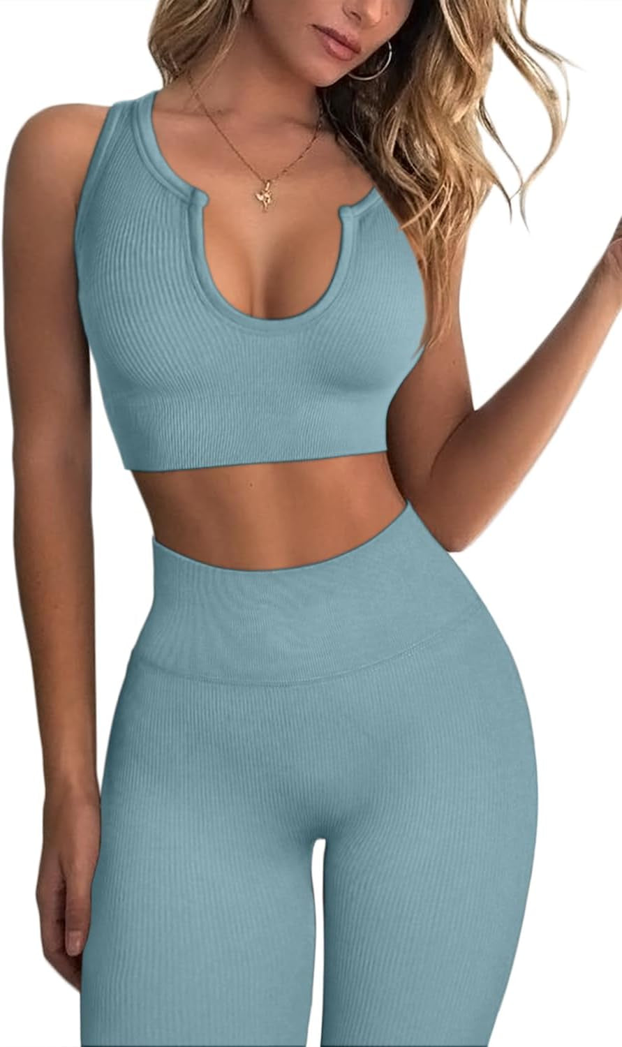 Workout Outfits 2 Piece Ribbed Seamless Crop Tank High Waist Yoga Leggings 