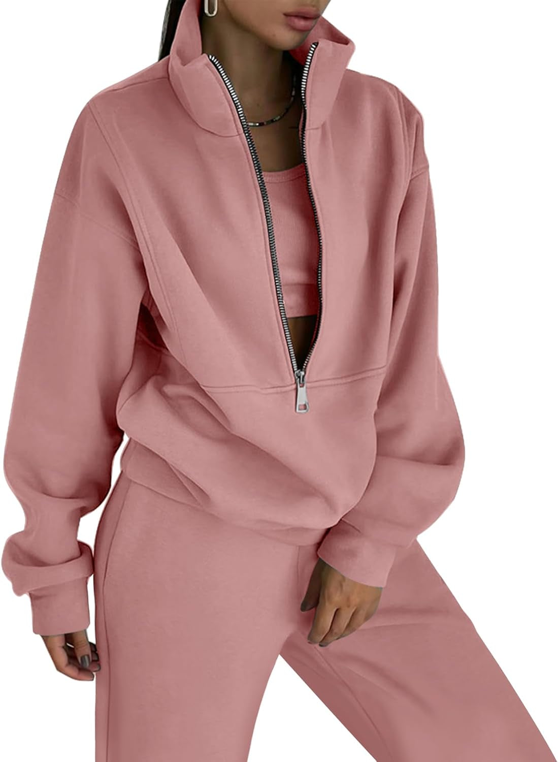 Women'S Fleece Two Piece Tracksuit: Half Zip Sweatshirt & Jogger Pant Set