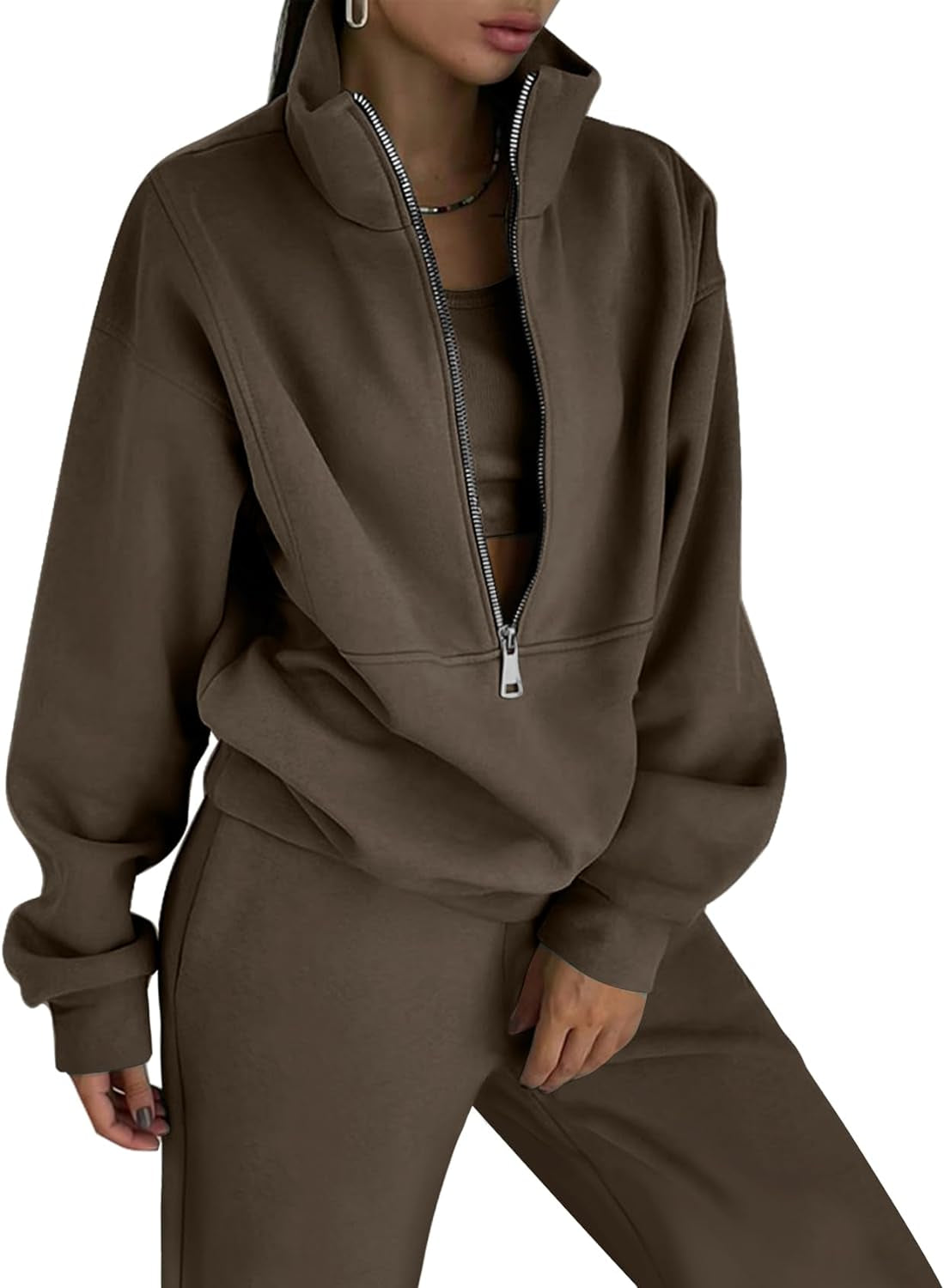 Women'S Fleece Two Piece Tracksuit: Half Zip Sweatshirt & Jogger Pant Set