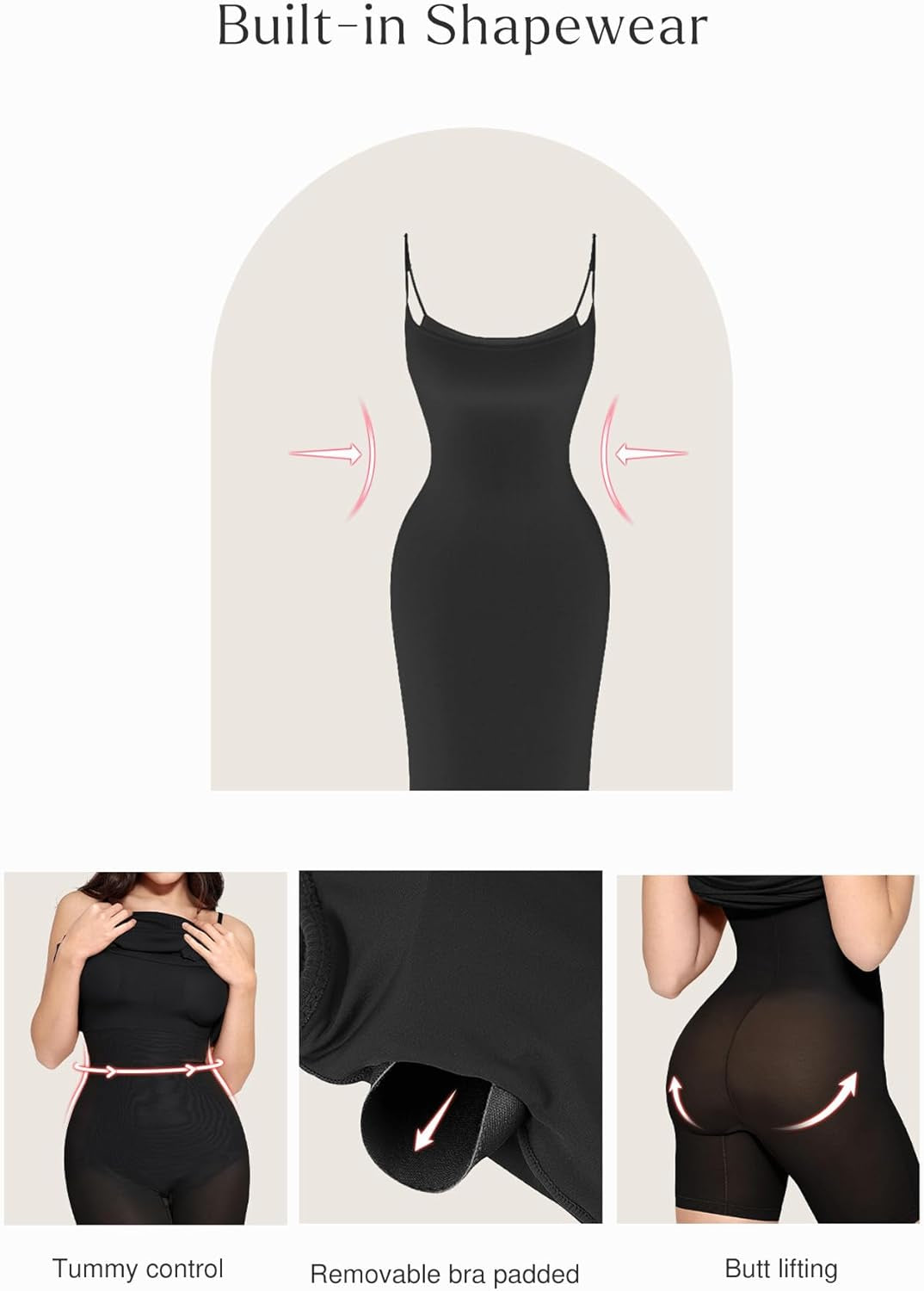 Shapewear Dress Womens Summer Long Dresses Built-In Bra Slip Bodycon Maxi Dress with Adjustable Straps