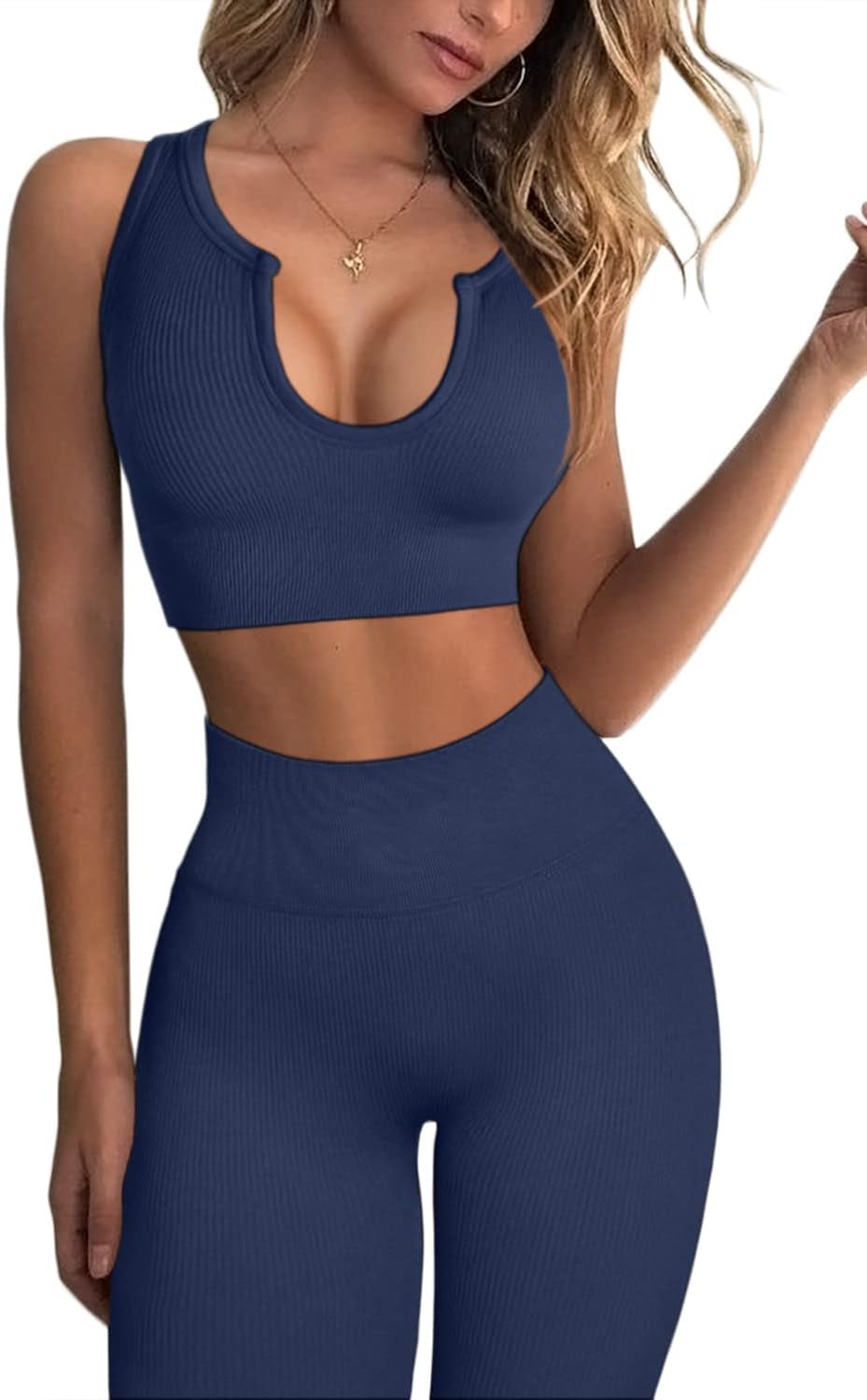 Workout Outfits 2 Piece Ribbed Seamless Crop Tank High Waist Yoga Leggings 