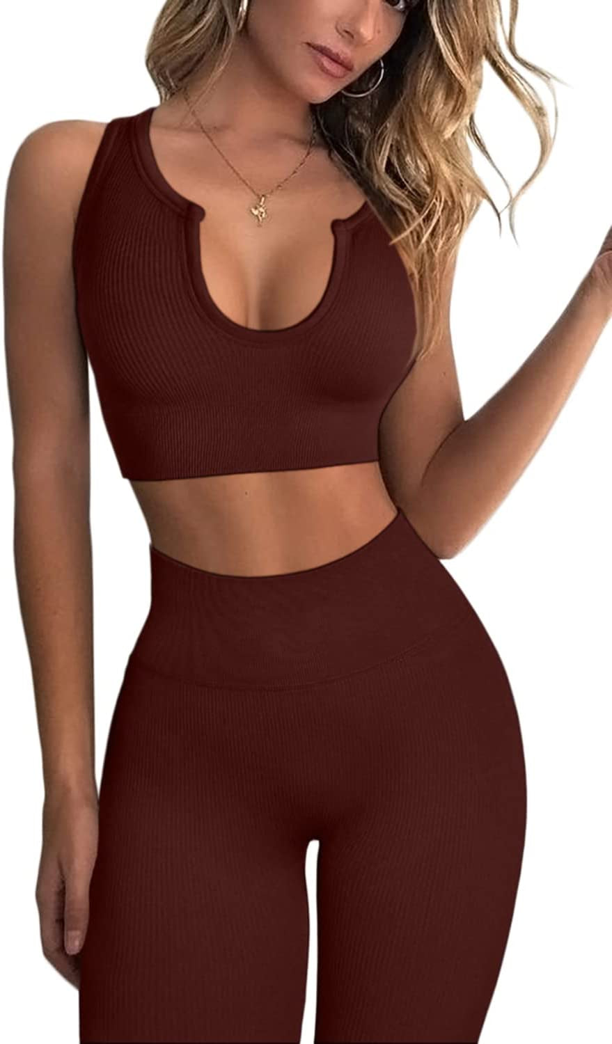 Workout Outfits 2 Piece Ribbed Seamless Crop Tank High Waist Yoga Leggings 