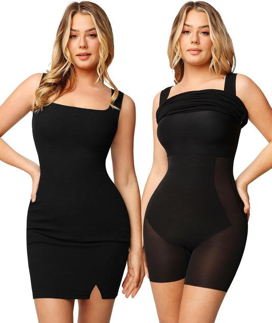 Shapewear Dress Mini Slit Built in Shapewear Bra 8 in 1 Square Neck Bodycon Summer Dress for Women 2024