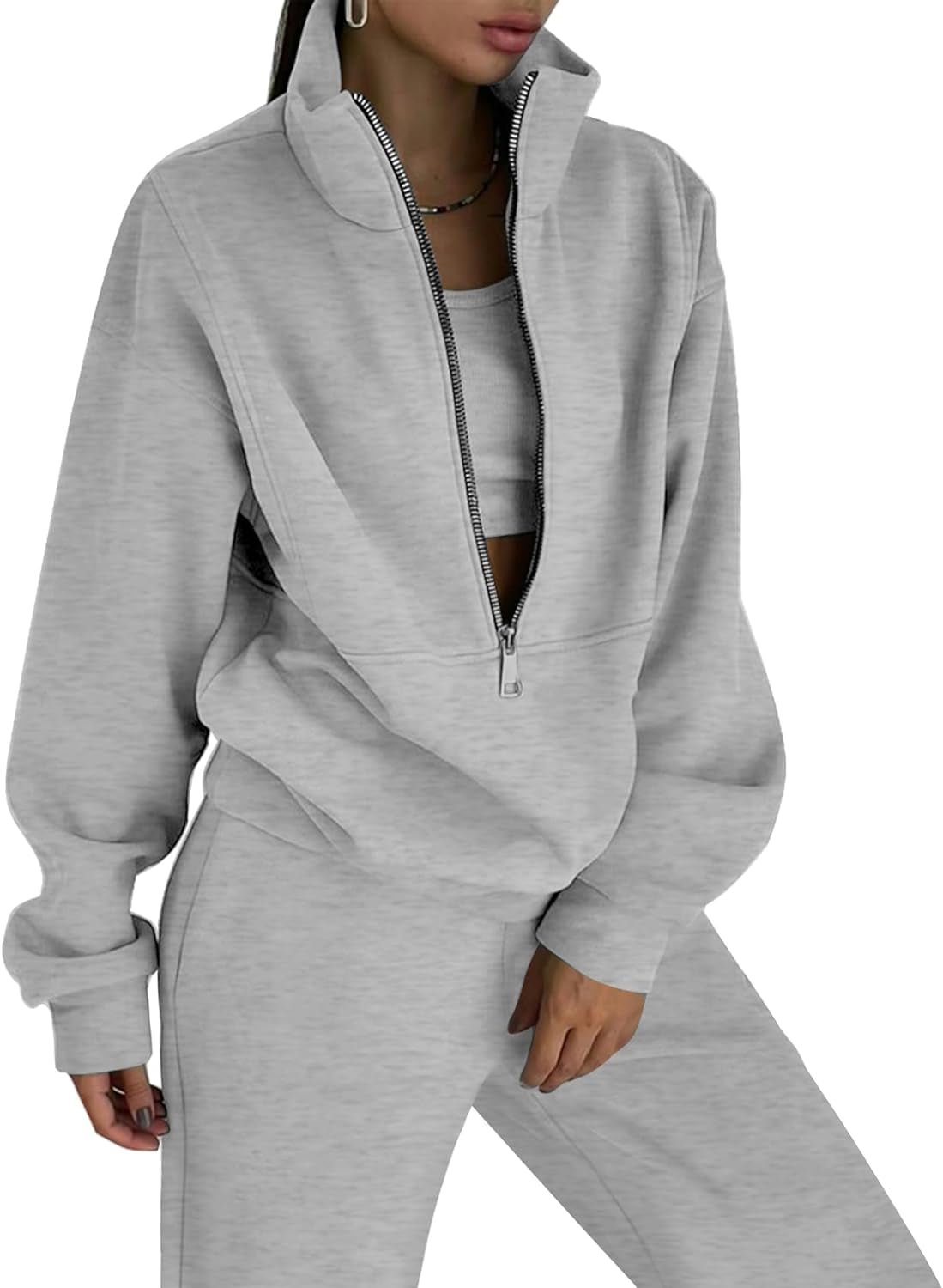 Women'S Fleece Two Piece Tracksuit: Half Zip Sweatshirt & Jogger Pant Set