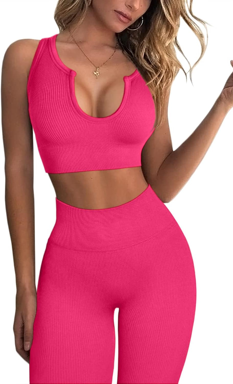 Workout Outfits 2 Piece Ribbed Seamless Crop Tank High Waist Yoga Leggings 