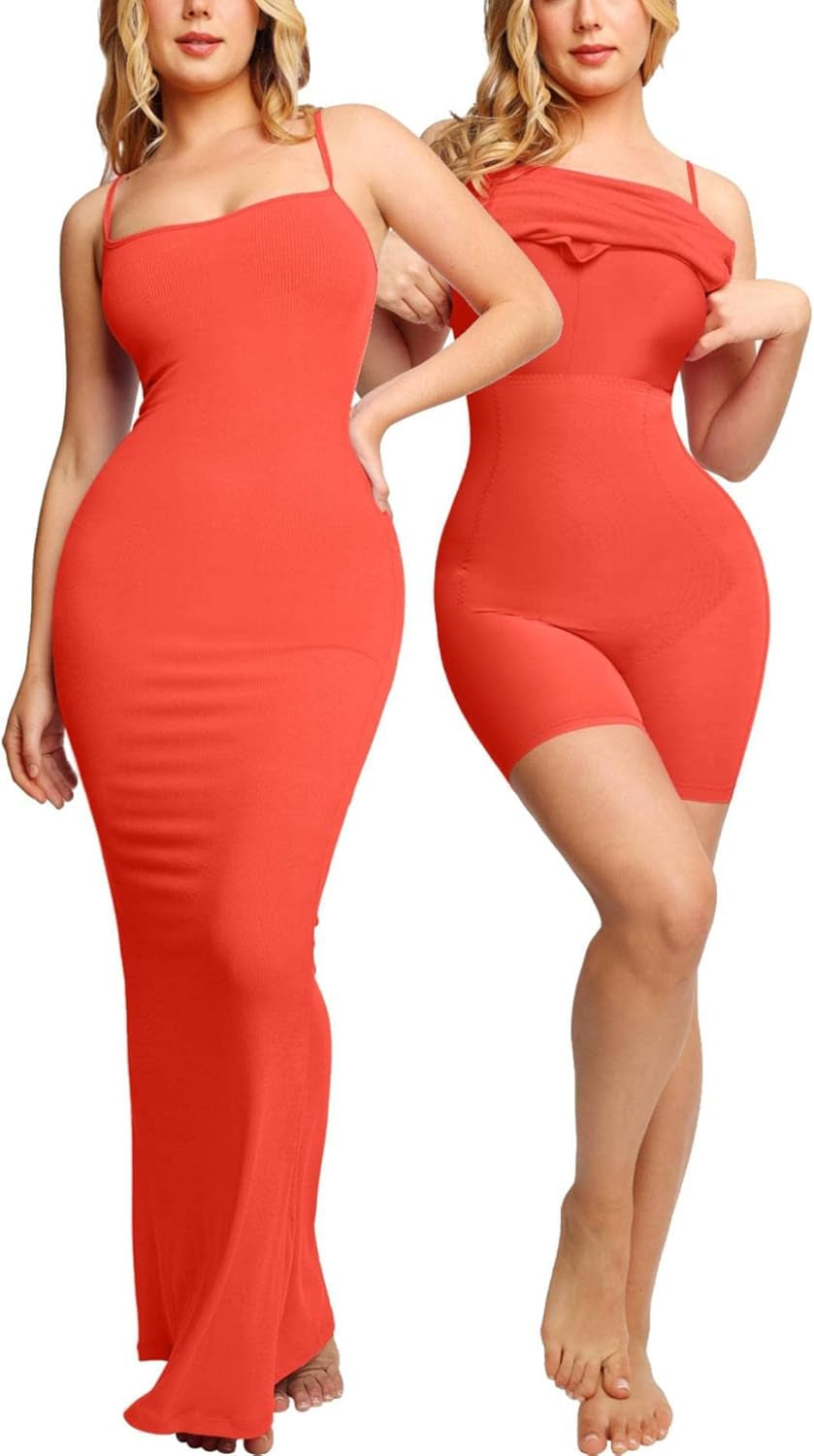 Shapewear Dress Womens Summer Long Dresses Built-In Bra Slip Bodycon Maxi Dress with Adjustable Straps