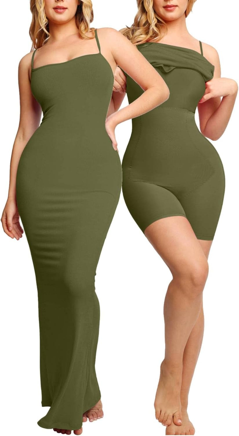 Shapewear Dress Womens Summer Long Dresses Built-In Bra Slip Bodycon Maxi Dress with Adjustable Straps