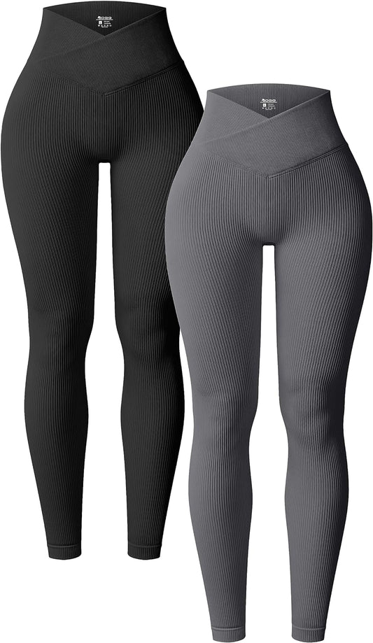 Women'S 2 Piece Yoga Leggings Ribbed Seamless Workout High Waist Cross over Athletic Exercise Leggings