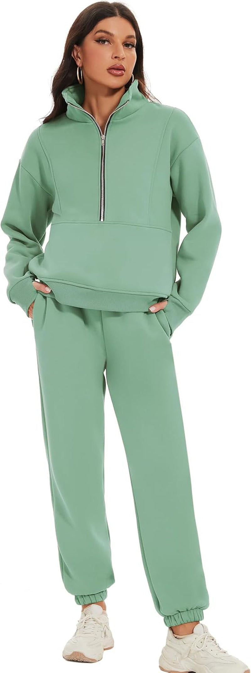 Women'S Fleece Two Piece Tracksuit: Half Zip Sweatshirt & Jogger Pant Set