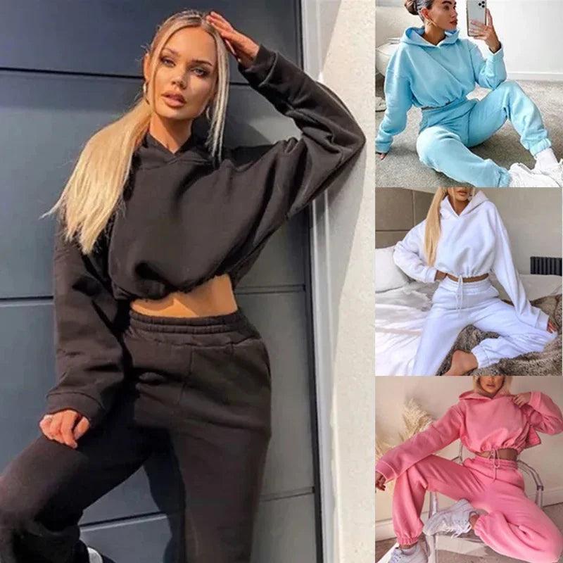 Comfy Cropped Sweatshirt Set Solid Color 2 Piece Set