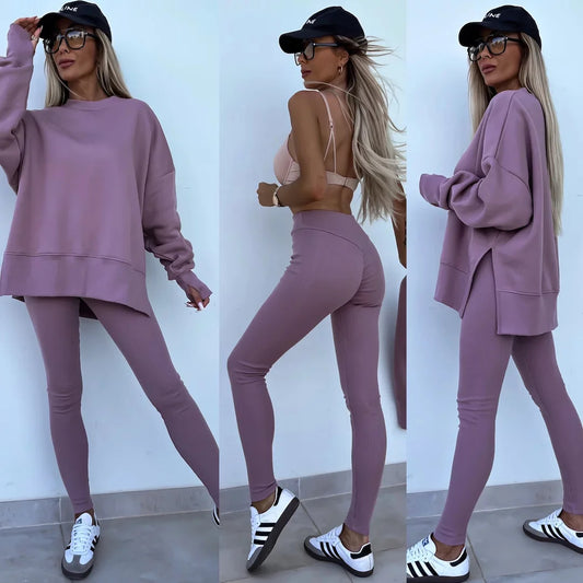 Stylish loose-fitting sweater women 2 pieces trousers sets