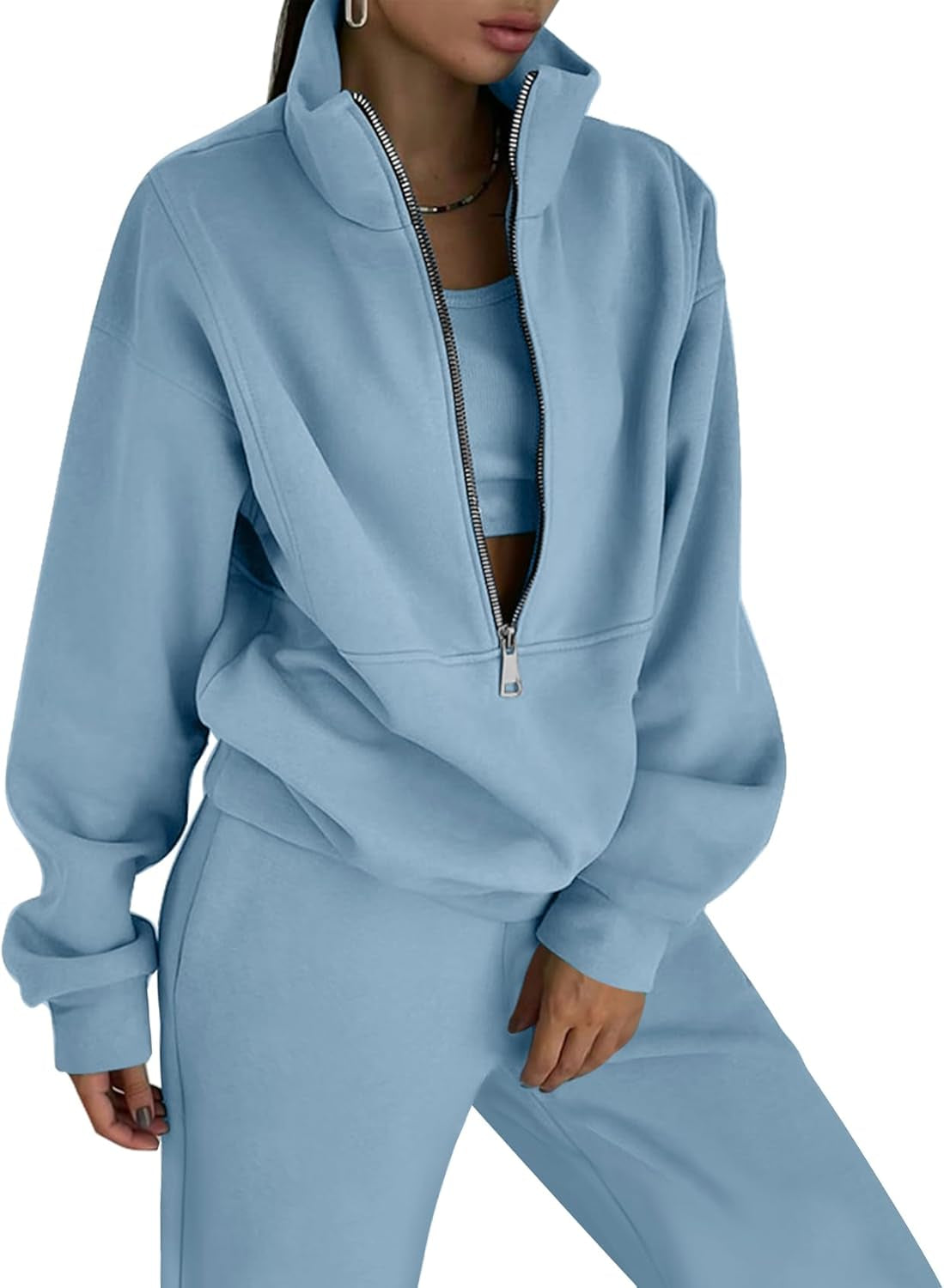 Women'S Fleece Two Piece Tracksuit: Half Zip Sweatshirt & Jogger Pant Set