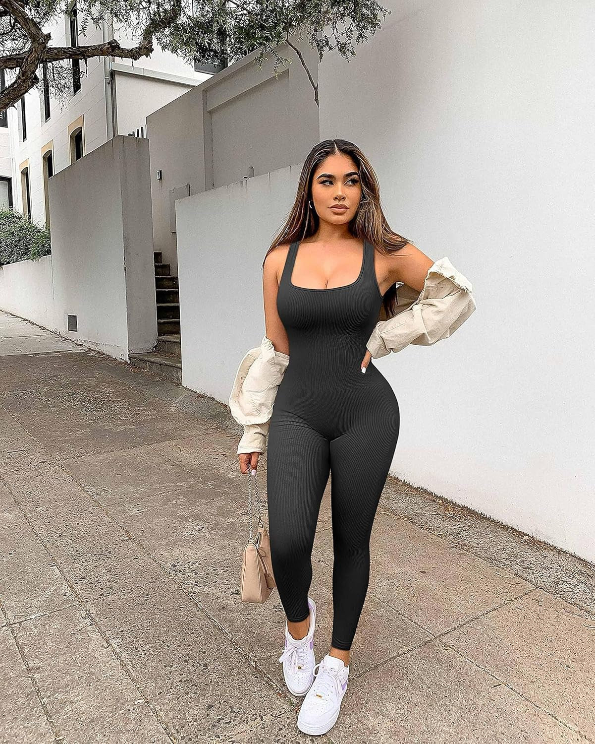 Women Seamless Jumpsuit Ribbed Bodycon One Piece Tank Top 