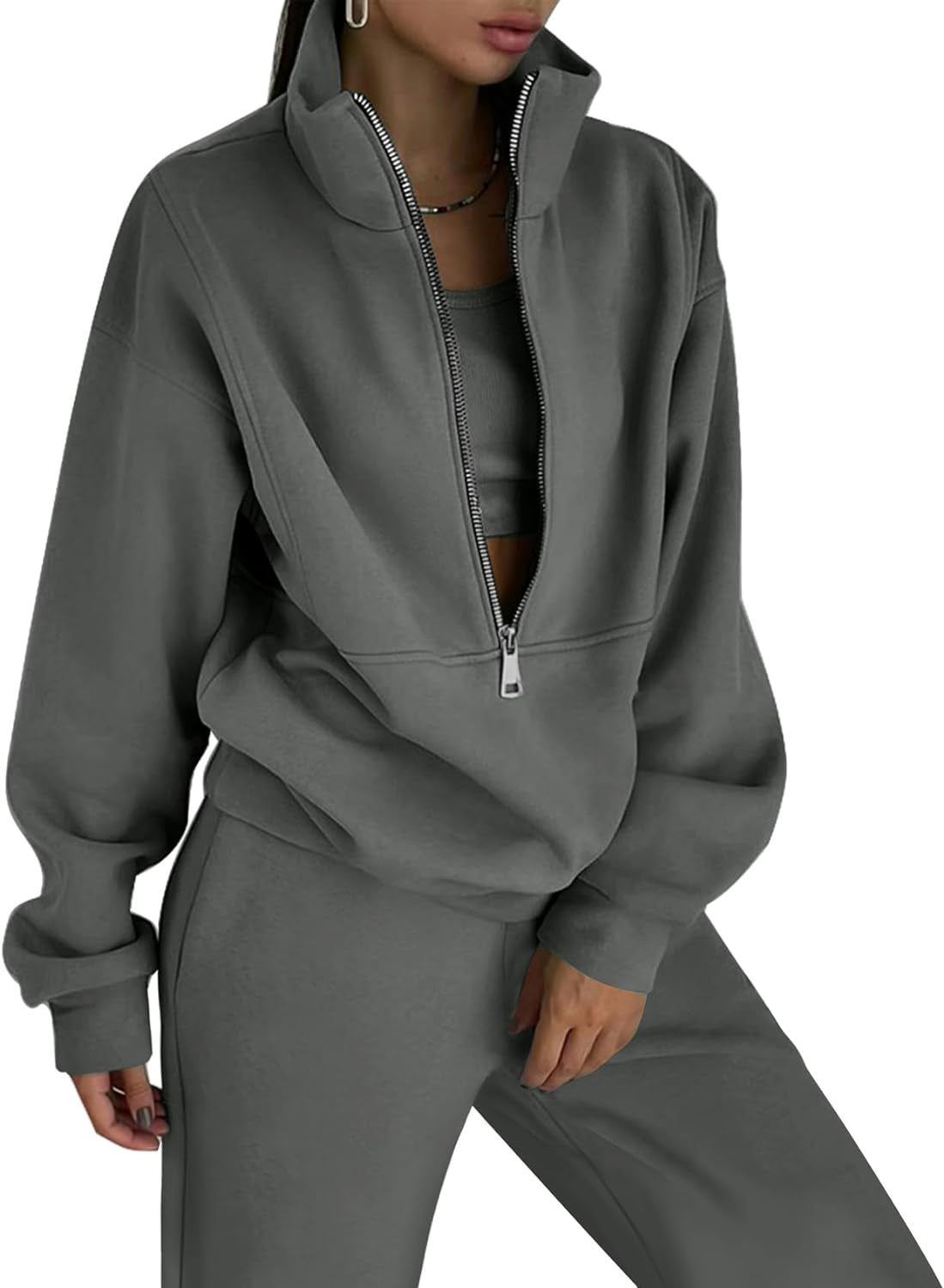 Women'S Fleece Two Piece Tracksuit: Half Zip Sweatshirt & Jogger Pant Set