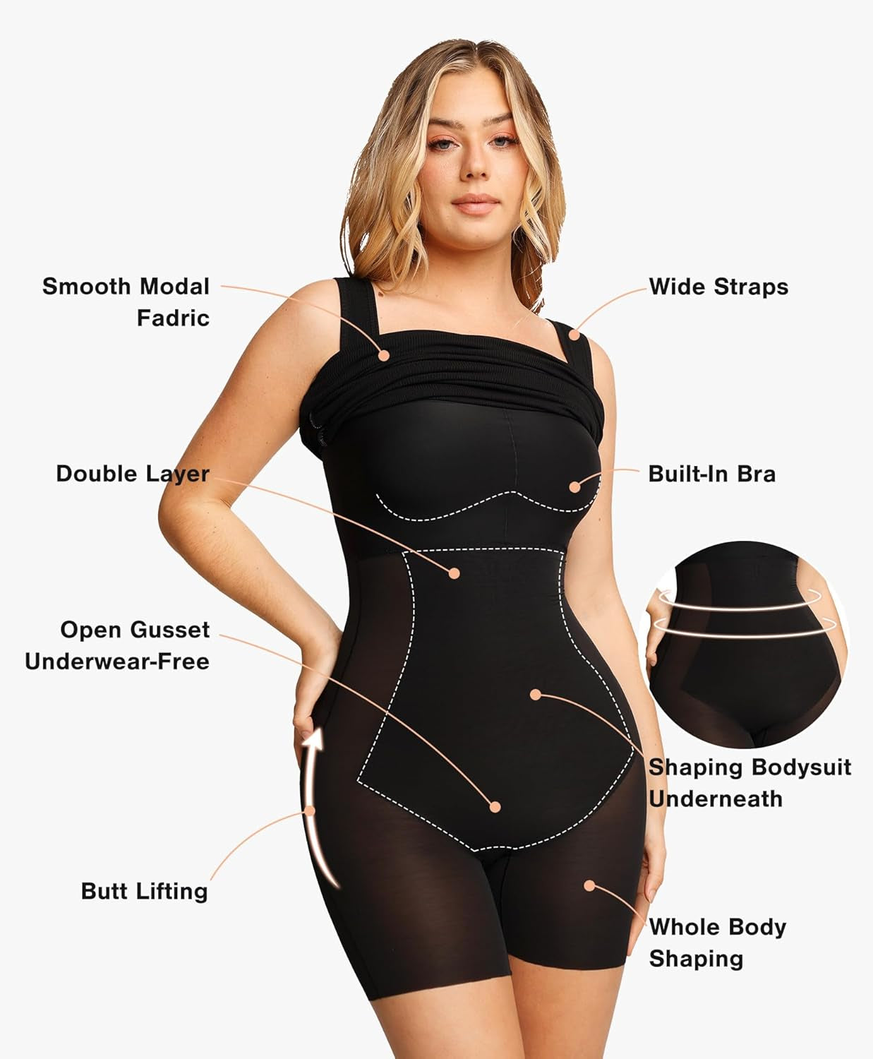 Shapewear Dress Mini Slit Built in Shapewear Bra 8 in 1 Square Neck Bodycon Summer Dress for Women 2024